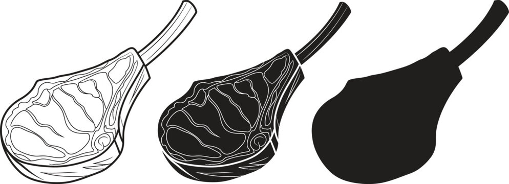 Three styles of tomahawk steak illustration line art silhouette