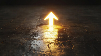 A glowing arrow emerging from a blank floor symbolizing direction guidance and breakthrough representing forward momentum clarity of purpose and the moment of decisive action