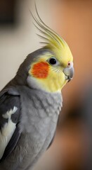 Captivating portrait of a domestic cockatiel with its prominent yellow crest, bright orange cheek patches, and soft gray feathers. A charming pet bird