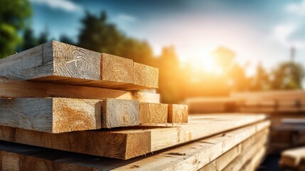 Piles of freshly cut lumber stacked in natural outdoor setting with warm sunlight