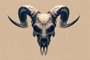 Fototapeta premium Ram skull with large, curved horns displayed against a plain background.