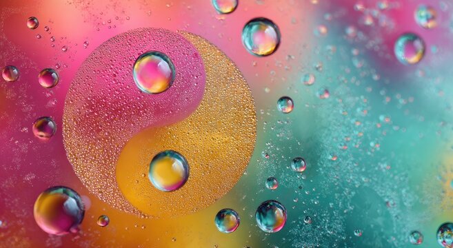 Colorful, macro shot showcasing the Yin Yang symbol within droplets of water against a vibrant backdrop