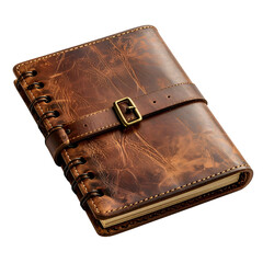 A close-up of a brown leather journal secured by a strap and buckle, open binding