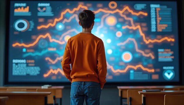 Young student in classroom looks at large interactive screen. Boy analyzes data charts, business graphs on digital board. Modern education with tech learning analytics provides information for future