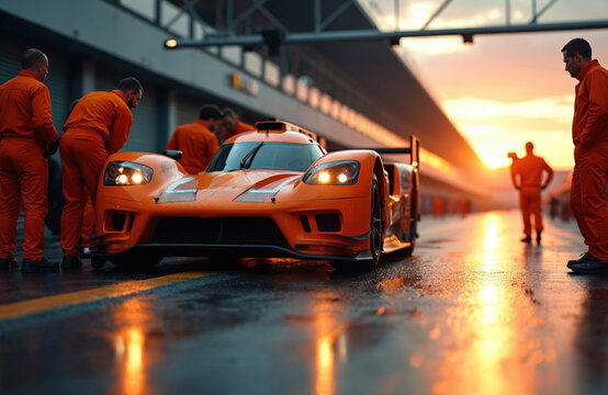 Racing team prepares orange sports car in pit lane on wet track during sunset. Pro pit crew of mechanics services vehicle before endurance championship. Motorsport specialists work together for