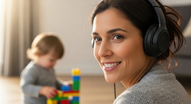 young caucasian mother in headphones smiling at camera while working from home. her little son plays with colorful toys in background. work-life balance and freelance concept.