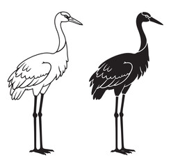 Obraz premium Two stylized crane silhouettes in black and white isolated against a clean white background