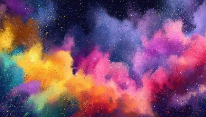 Burst of vibrant, multicolored powder clouds against a dark, starry background, abstract and dynamic