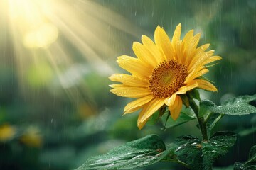 A vibrant, sunlit sunflower with raindrops amidst lush green foliage