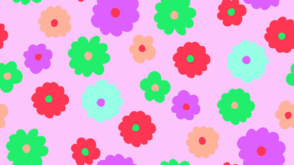 Retro groovy flowers seamless pattern. Simple 70s style floral background in vibrant colors. Fun and playful hippie illustration for kids' fabric, wallpaper, or bold textile design.