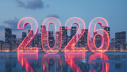 Red neon numbers 2026 with a nighttime city skyline and skyscrapers visible through them. Christmas and New Year's concept.