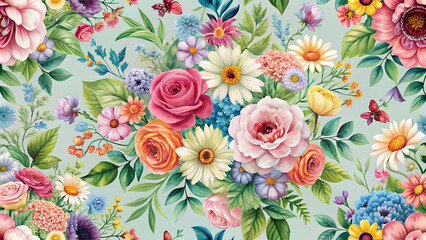 Vibrant watercolor floral arrangement with a variety of flowers like roses, daisies, and hydrangeas, set against a soft mint green background