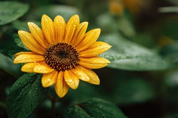 Obraz premium Close-up of a vibrant yellow flower with water droplets, surrounded by lush green foliage (1)