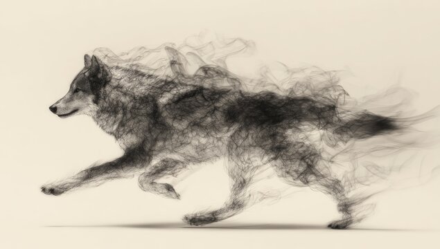 Conceptual image of a wolf rendered in smokey, wispy gray, racing on a soft-toned backdrop