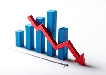 A red arrow graphically descends over blue bar graphs. The image shows a decline in data