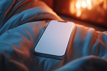 Smartphone rests on a soft white blanket, bathed in the warm glow of a fire