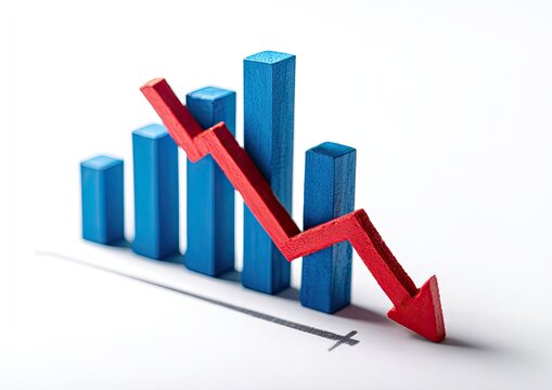 A red arrow graphically descends over blue bar graphs. The image shows a decline in data