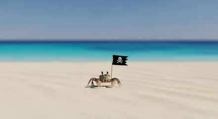 Crab with pirate flag on sandy beach. Sea adventure and treasure hunt concept. Coastal wildlife and ocean life. Vacation travel.