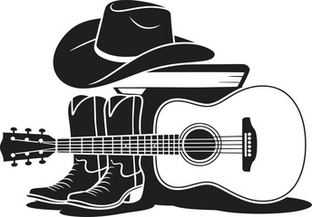 Country music cowboy hat boots and acoustic guitar illustration