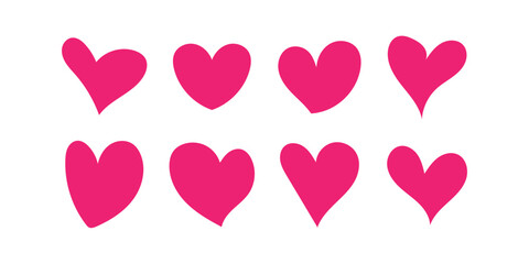 Set of hand drawn pink heart shapes isolated on white background. Cute romantic doodle elements for Valentine’s Day, love design, or decoration.