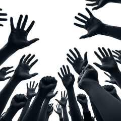 Fototapeta premium Many dark reaching hands raised upwards in a desperate plea isolated on transparent background