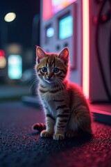 A fluffy kitten sits on the dark asphalt next to a modern gas pump, with colorful neon lights glowing behind it