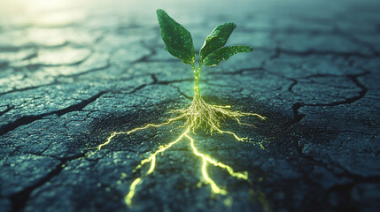 Glowing circuit roots grow through cracked earth in hyperrealistic detail. The image symbolizes the fusion of technology and nature, resilience, digital growth, and innovation reshaping the natural wo