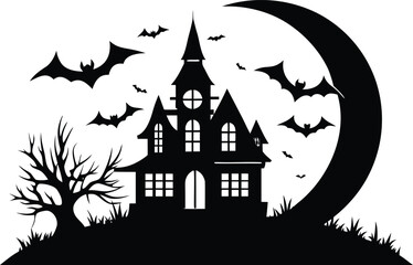 Vector art of haunted house silhouette with bats and dead tree