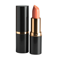 Peach lipstick in black and gold tube, open, next to closed tube, against black background