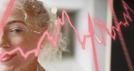 Waveform sweeping across face, woman opening eyes and analyzing business data on transparent screen - Powered by Adobe