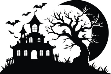 Vector art of silhouette of a haunted house with bats flying around a large crescent moon and a spooky tree
