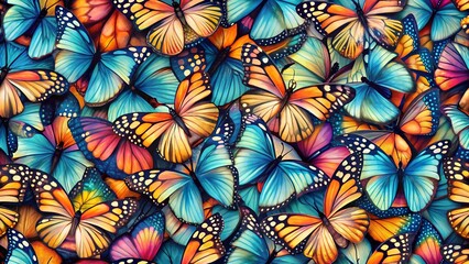 A colorful and detailed collage of various butterflies with spread wings, showcasing a vibrant mix of blue, orange, and pink hues