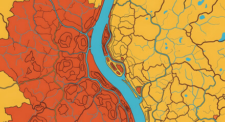 Stylized vector cartography of a land divided by a central river, showing regional boundaries and territories in warm colors