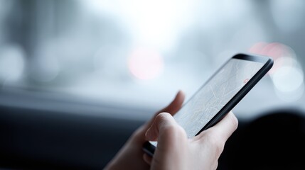 Close-up of a woman hand using GPS navigation on a smartphone, blurred car interior in background. Road trip and mobile navigation concept