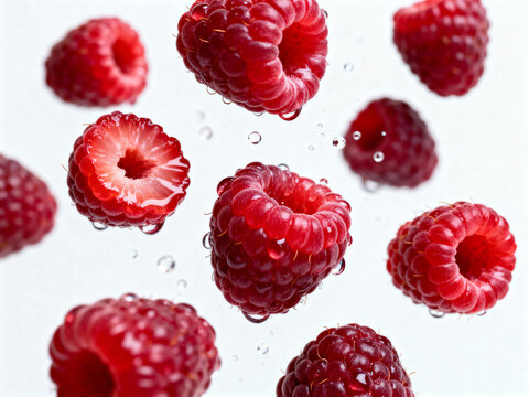 Fresh raspberries with water drops floating in midair on a white background