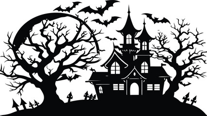Vector art of haunted house with bats flying around a large moon during halloween