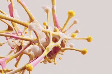 Abstract 3D rendering with interconnected organic forms in pastel yellow, pink and white