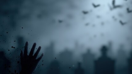 Ghostly hand emerging from dirt in fog-covered cemetery with bats circling overhead, dark and cinematic.