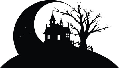 Vector art of silhouette of a haunted house with bats and spooky trees against a large moon