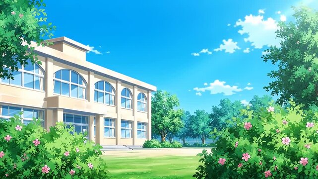 Anime School Building Exterior with Lush Greenery and Blue Sky.