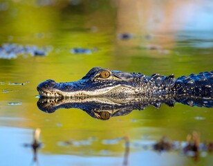 Obraz premium Alligator's watchful gaze reflected in serene, green-tinged water