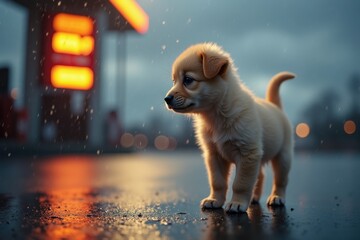 A small fluffy puppy stands on wet asphalt near a bright gas station sign, rain droplets glistening on its fur