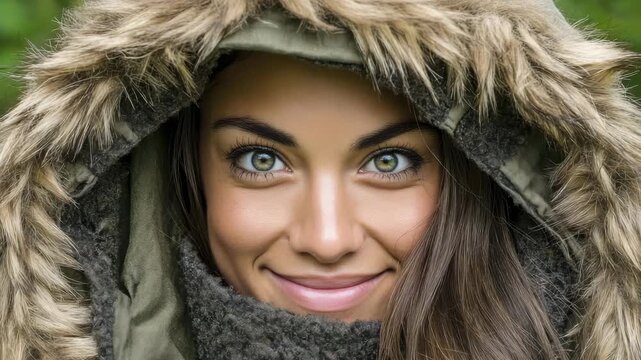 Young woman with striking green eyes wearing a cozy fur-lined jacket in a natural outdoor setting during daytime