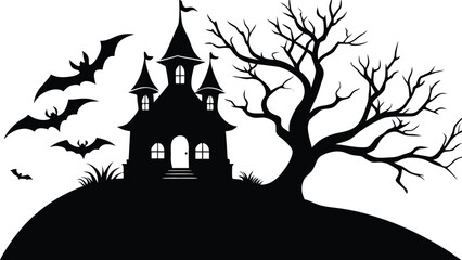 Vector art of silhouette of a haunted castle on a bare tree with a spooky moon and bats flying