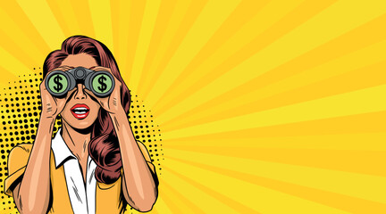 A young woman looks at money through binoculars. On a yellow background. Pop art in comic book style. © дима селиванов