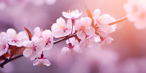 Obraz premium Delicate pink cherry blossoms bloom vibrantly on a branch, signaling the arrival of spring with soft, ethereal light.