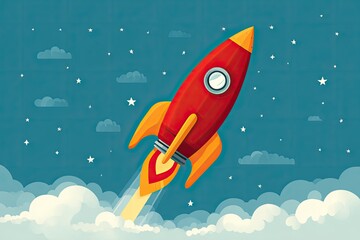 Animated scene of a red rocket ship blasting off into a starry night sky with fluffy clouds