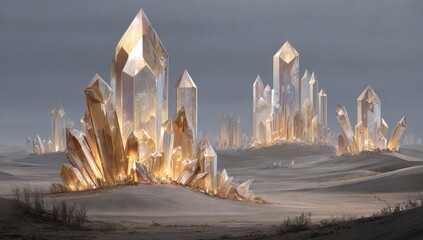 A landscape featuring enormous, glowing golden crystal formations rising from a barren desert