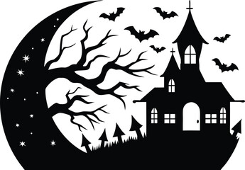 Vector art of scary jackolantern face in a circular badge with ribbon