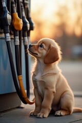 A tiny golden puppy sits by a gas pump, its curious eyes fixed on the dangling fuel nozzles behind it under soft sunset light